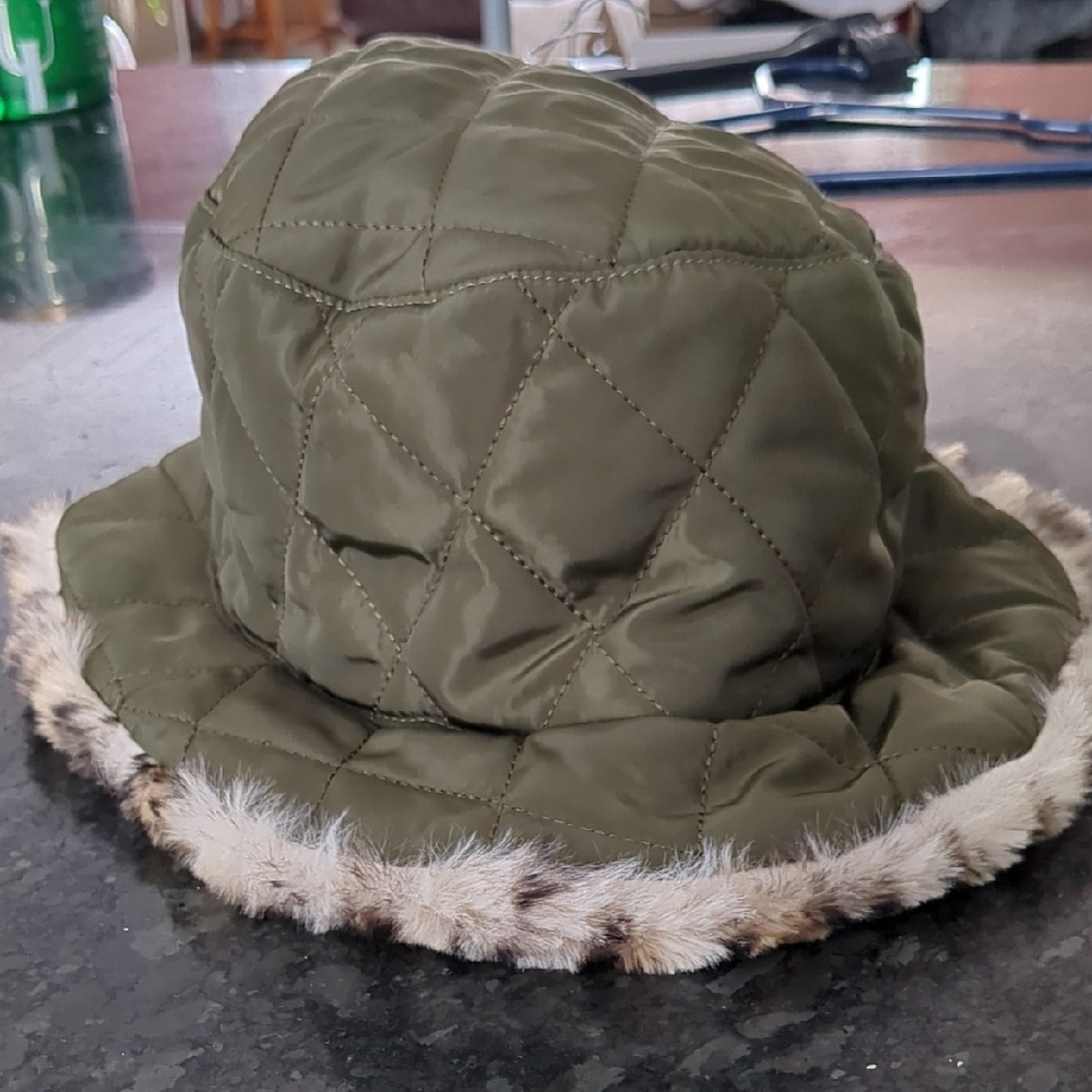 INC International Concepts Olive Quilted Hat with Faux Fur Trim